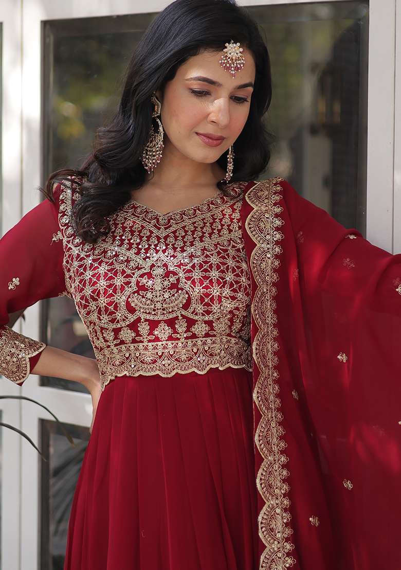 Maroon Zari Work Faux Blooming Anarkali With Dupatta - Indya