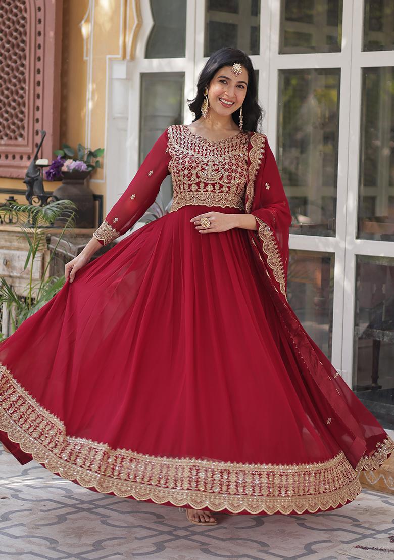 Maroon Zari Work Faux Blooming Anarkali With Dupatta - Indya
