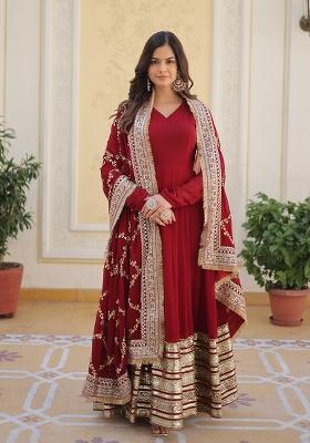 Maroon Zari Work Faux Blooming Anarkali With Dupatta