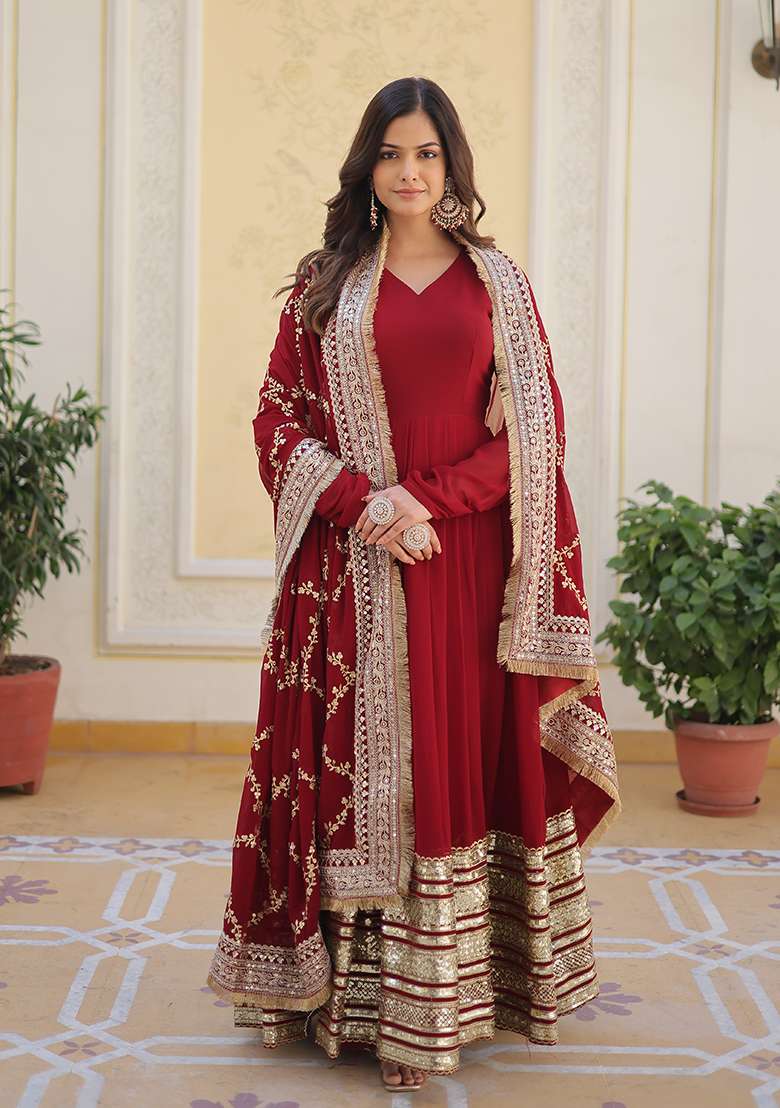 Maroon Zari Work Faux Blooming Anarkali With Dupatta - Indya