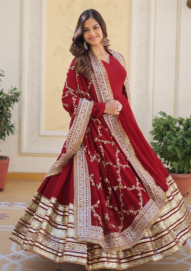 Maroon Zari Work Faux Blooming Anarkali With Dupatta - Indya