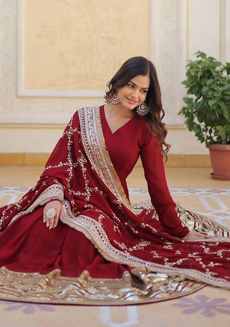 Maroon Zari Work Faux Blooming Anarkali With Dupatta - Indya