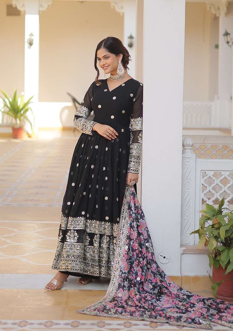Black Zari Work Georgette Anarkali With Dupatta - Indya