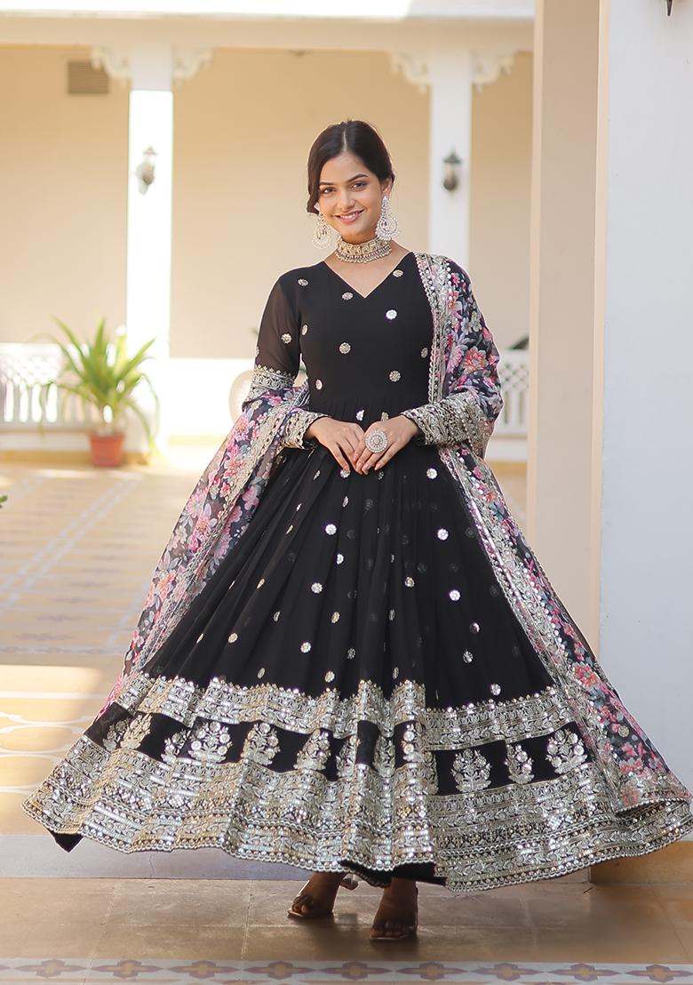 Black Zari Work Georgette Anarkali With Dupatta - Indya