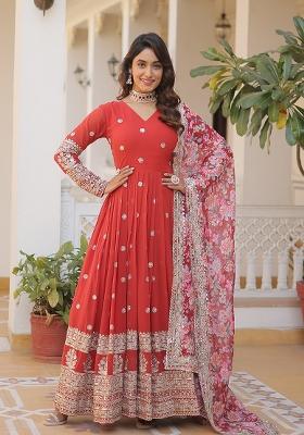 Orange Zari Work Georgette Anarkali With Dupatta