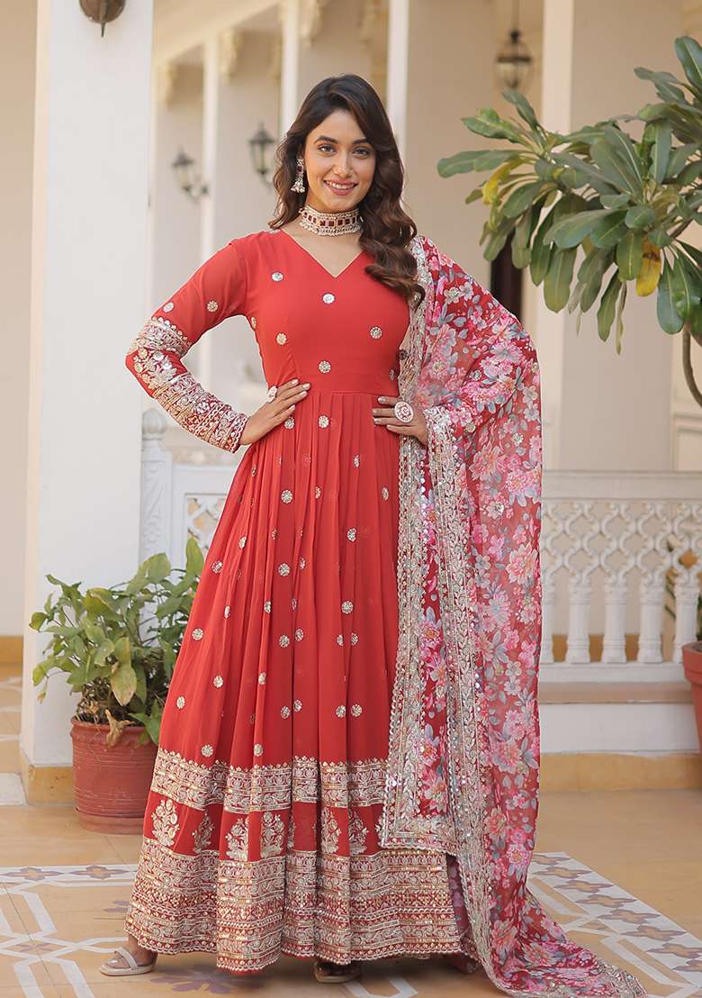 Orange Zari Work Georgette Anarkali With Dupatta - Indya