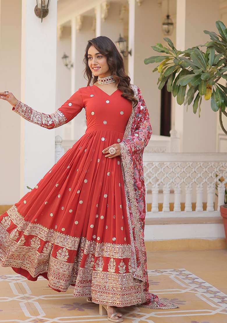 Orange Zari Work Georgette Anarkali With Dupatta - Indya