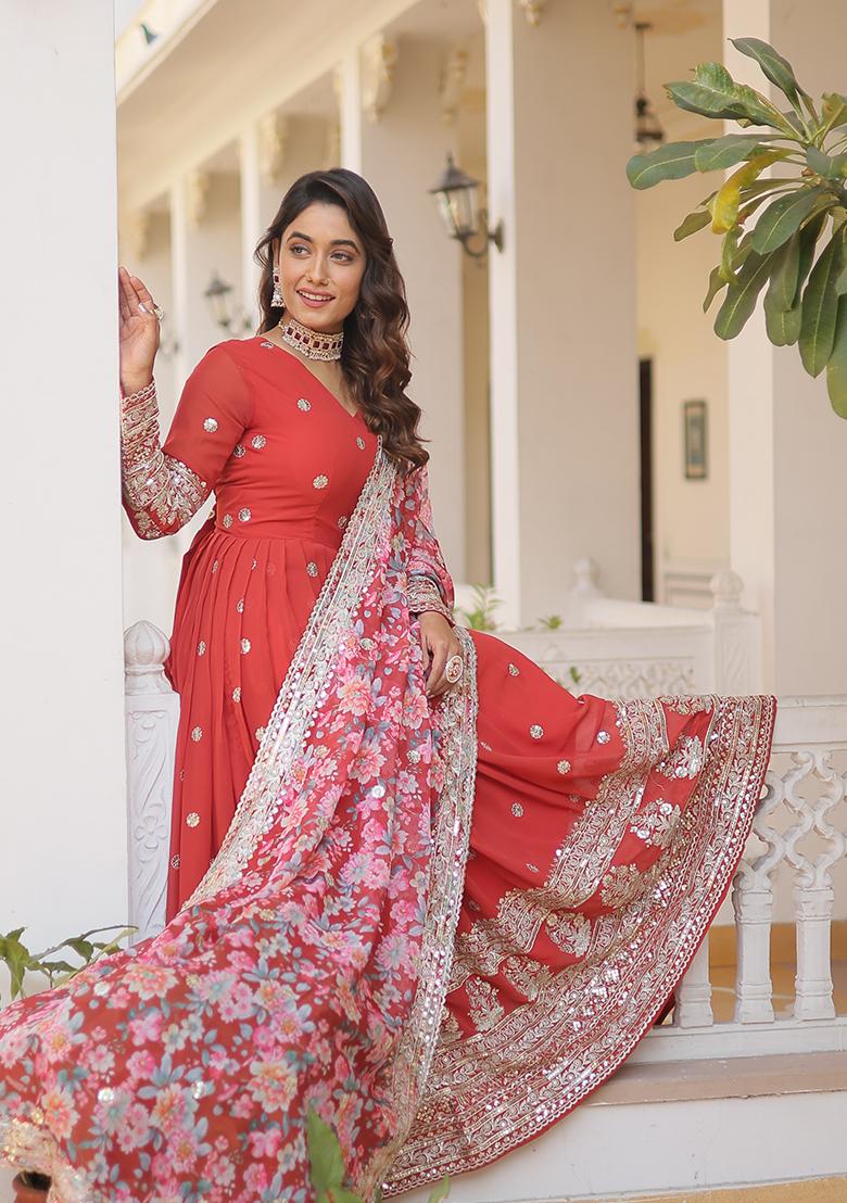 Orange Zari Work Georgette Anarkali With Dupatta - Indya