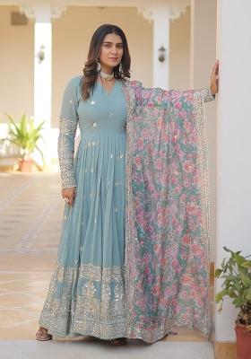 Sky Blue Zari Work Georgette Anarkali With Dupatta