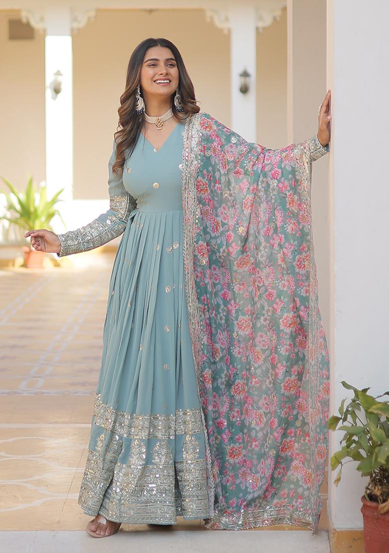 Sky Blue Zari Work Georgette Anarkali With Dupatta - Indya