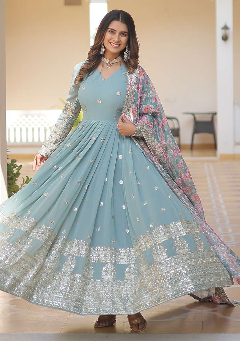 Sky Blue Zari Work Georgette Anarkali With Dupatta - Indya