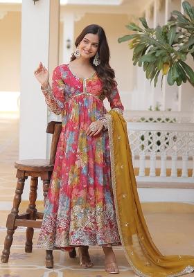 Pink Zari Work Silk Blend Anarkali With Dupatta