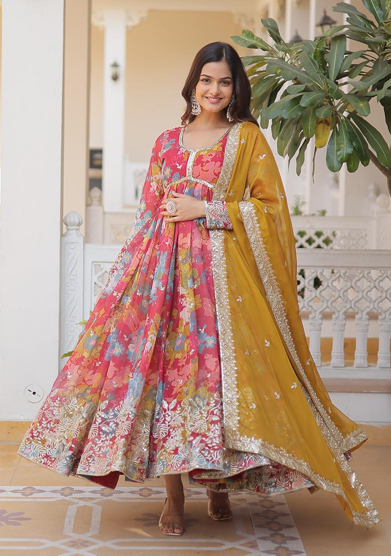 Pink Zari Work Silk Blend Anarkali With Dupatta - Indya