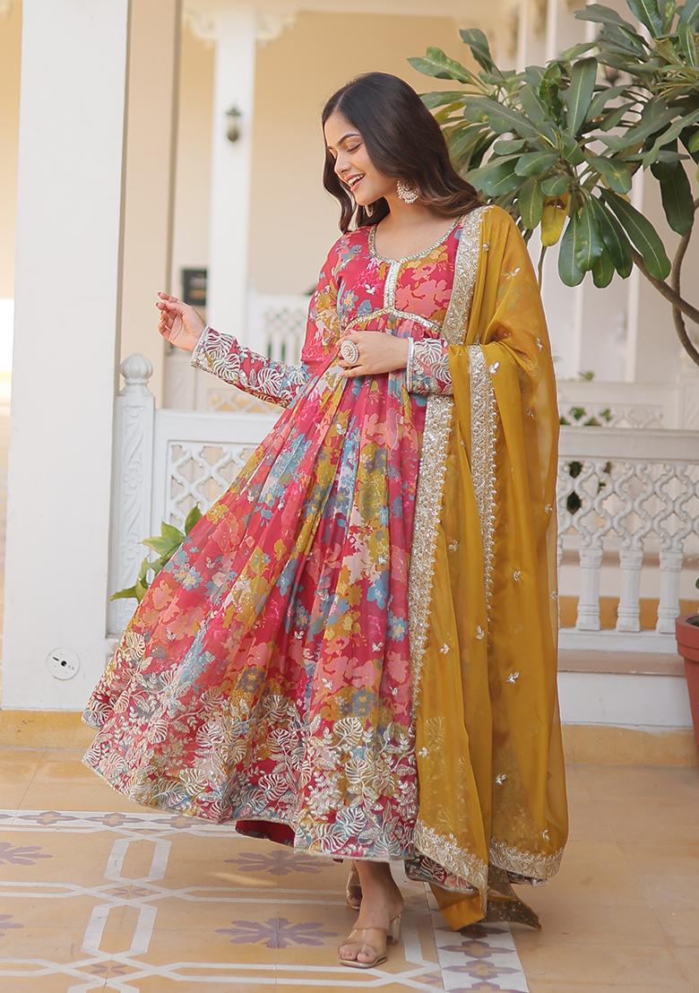 Pink Zari Work Silk Blend Anarkali With Dupatta - Indya
