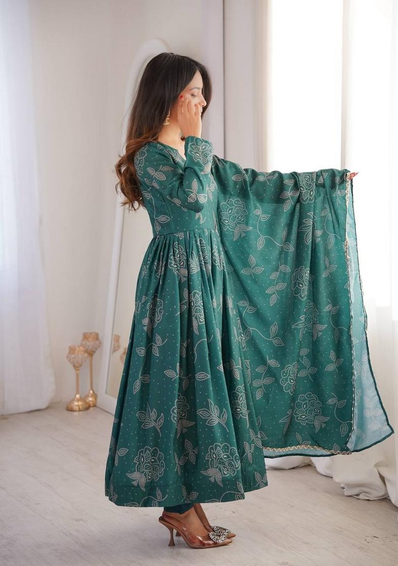 Teal Green Floral Print Muslin Kurta Set - Indya