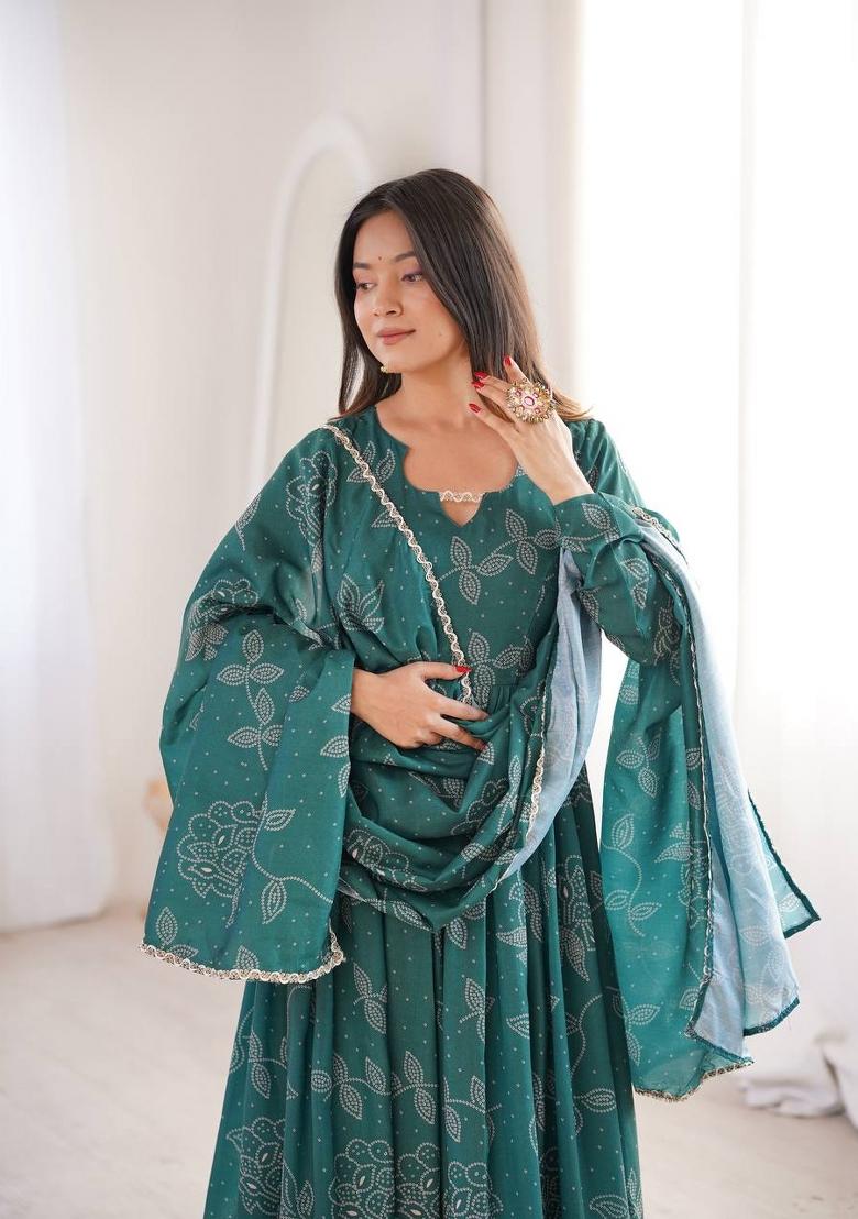 Teal Green Floral Print Muslin Kurta Set - Indya
