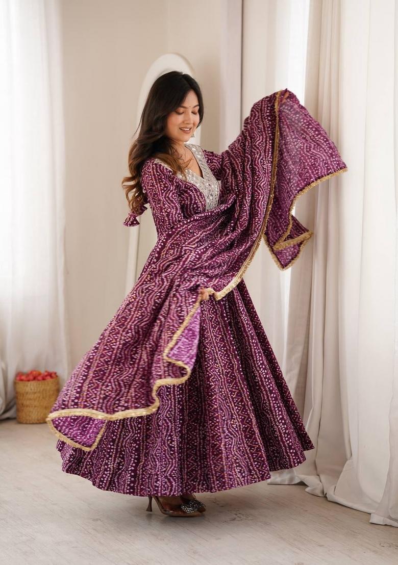 Wine Mirror Work Rayon Kurta Set - Indya