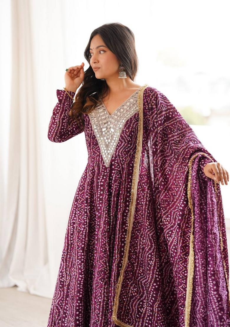 Wine Mirror Work Rayon Kurta Set - Indya