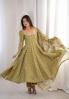 Olive Green Mirror Work Muslin Kurta Set