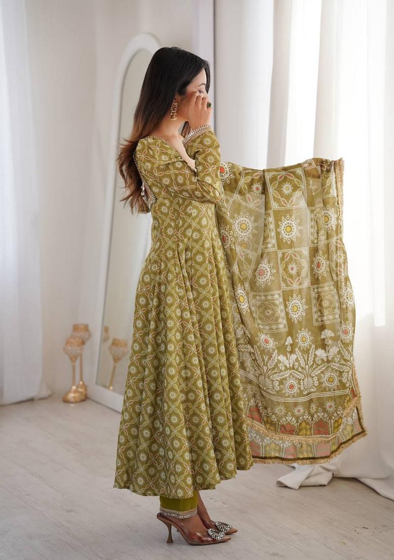 Olive Green Mirror Work Muslin Kurta Set - Indya