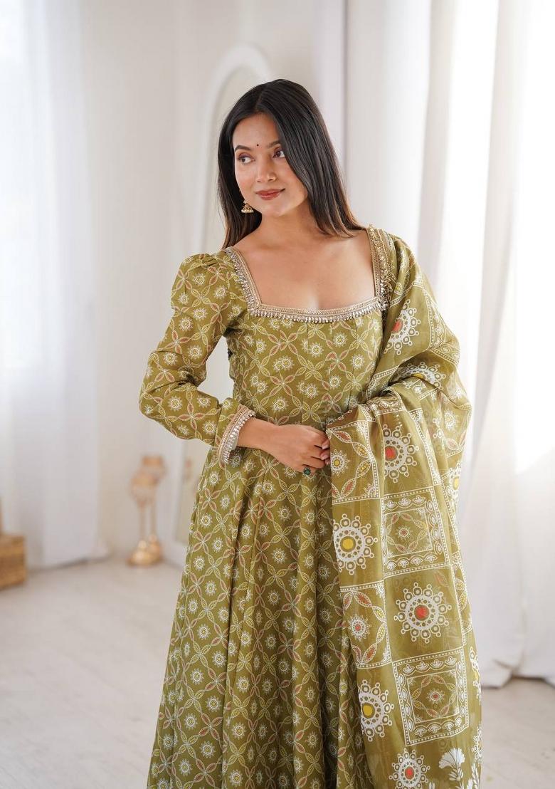 Olive Green Mirror Work Muslin Kurta Set - Indya