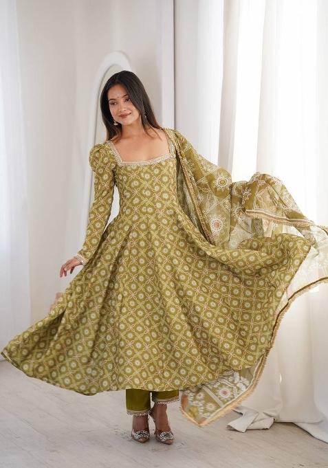 Olive Green Mirror Work Muslin Kurta Set