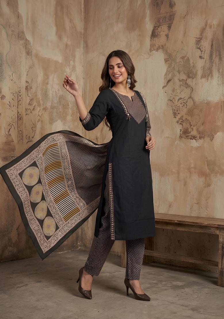Black Embroidered Cotton Kurta Set - Indya