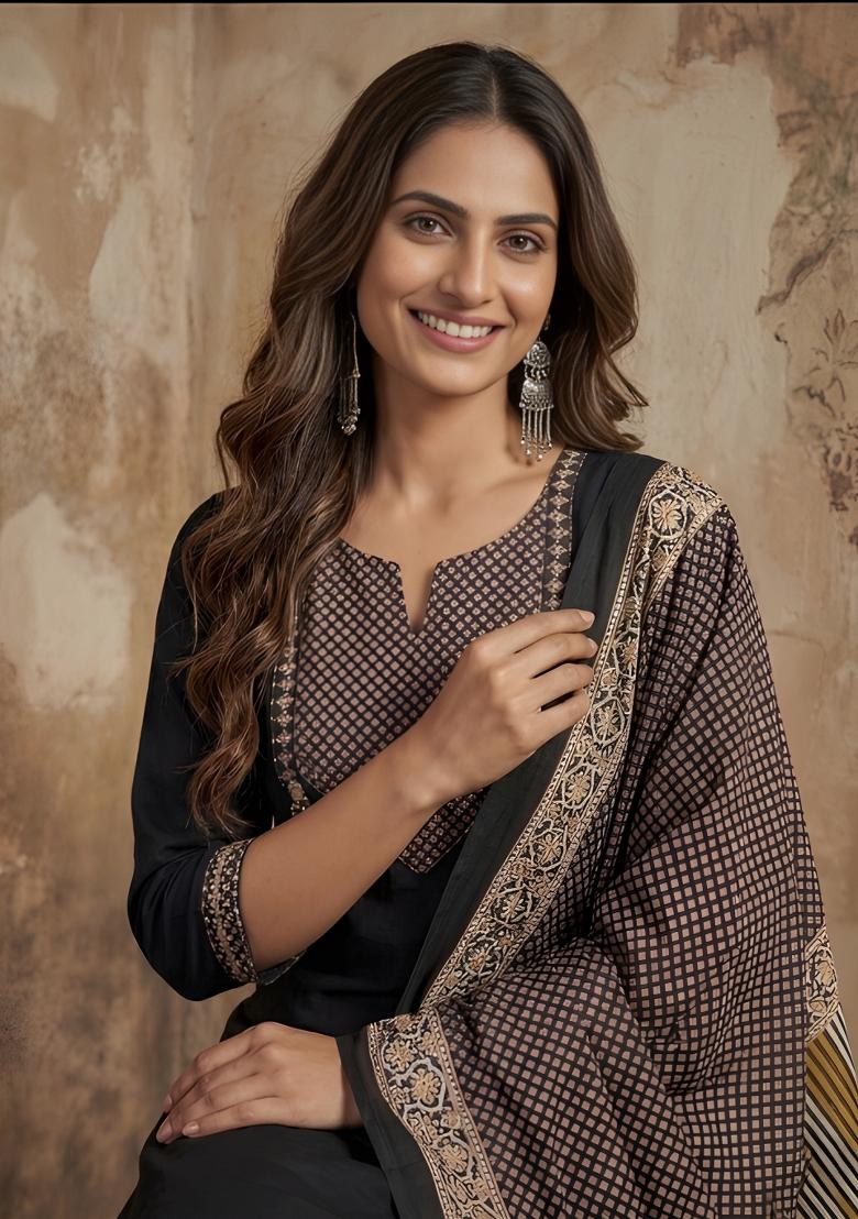 Black Embroidered Cotton Kurta Set - Indya
