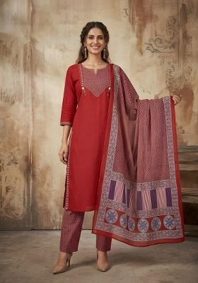Maroon Embroidered Cotton Kurta Set