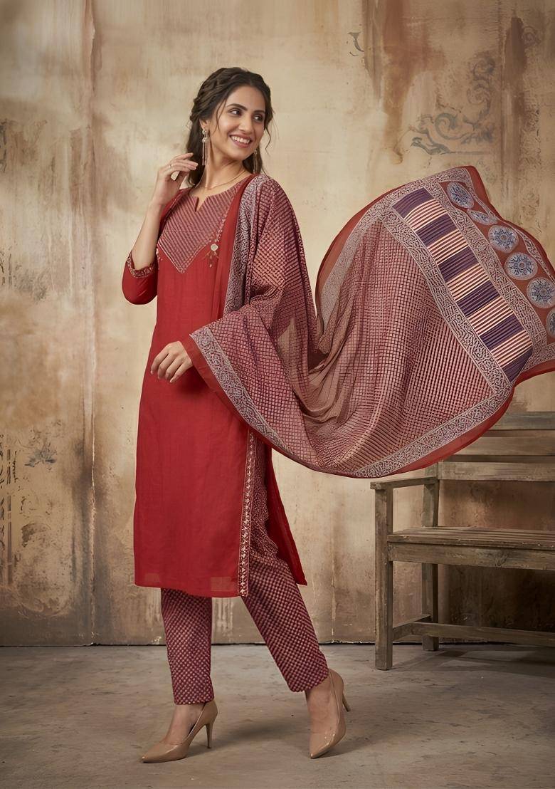 Maroon Embroidered Cotton Kurta Set - Indya