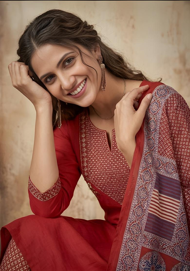 Maroon Embroidered Cotton Kurta Set - Indya