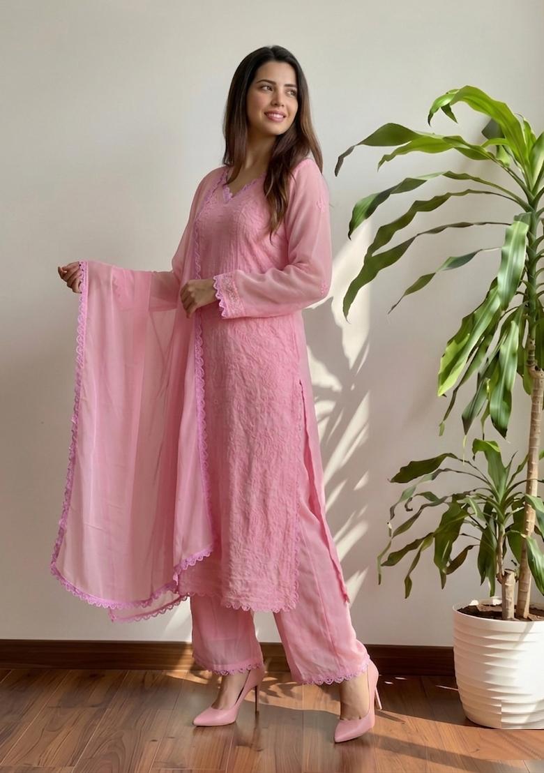 Pink Embroidered Georgette Kurta Set - Indya