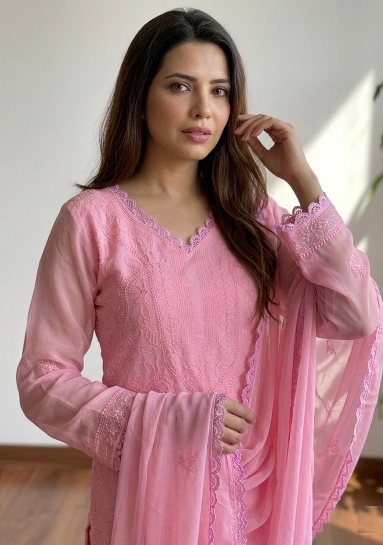 Pink Embroidered Georgette Kurta Set - Indya