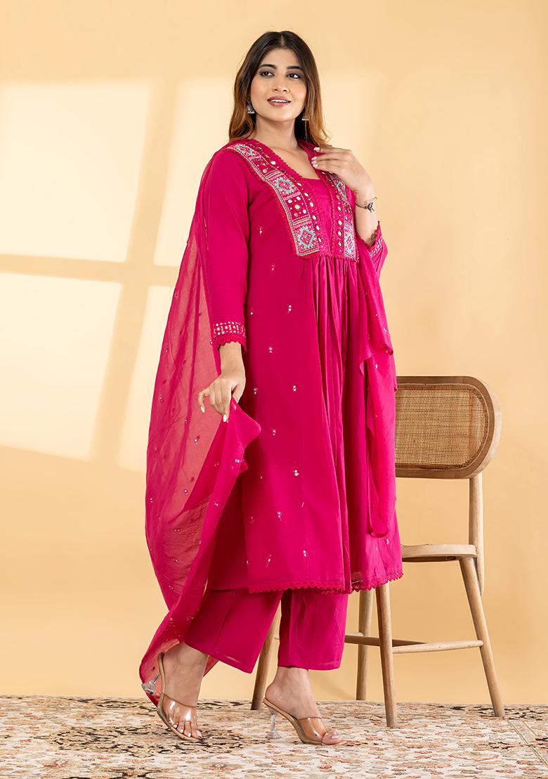 Cream Embroidered Cotton Kurta Set - Indya