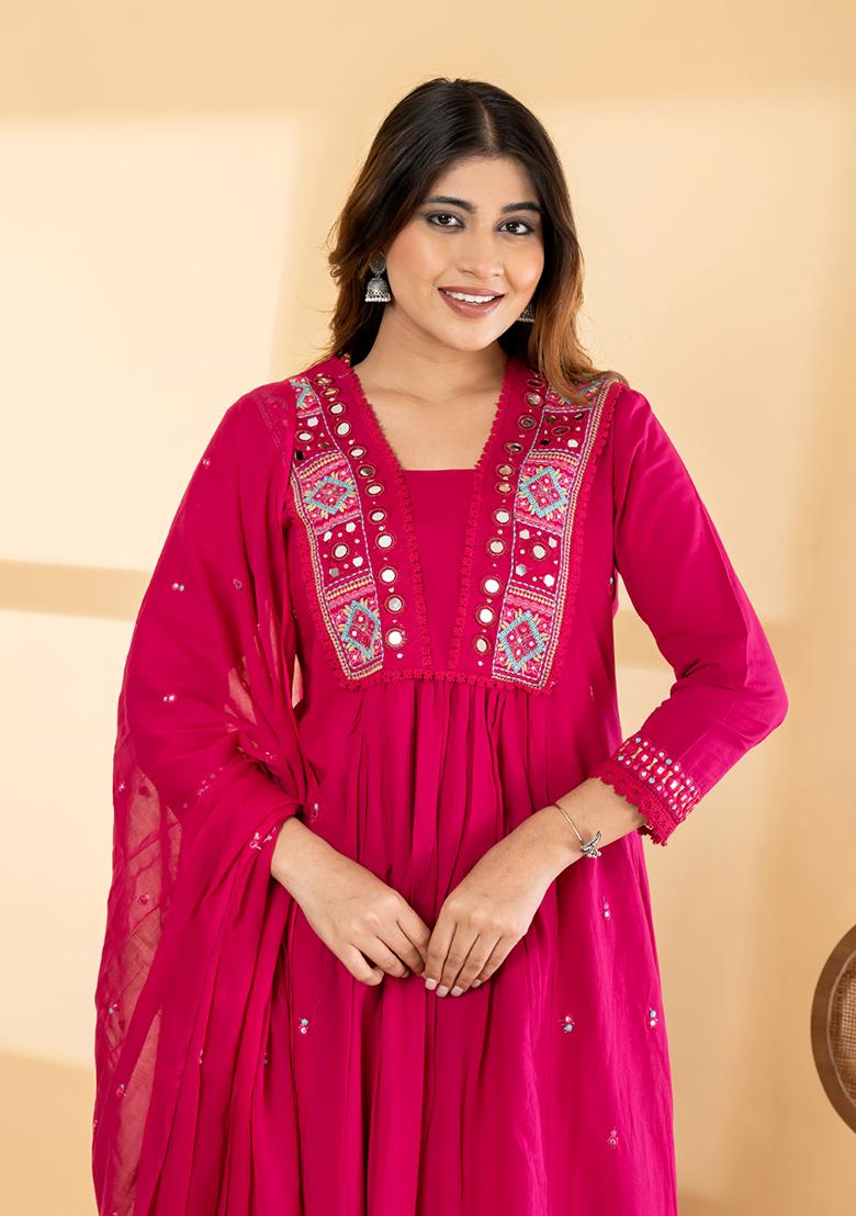 Cream Embroidered Cotton Kurta Set - Indya
