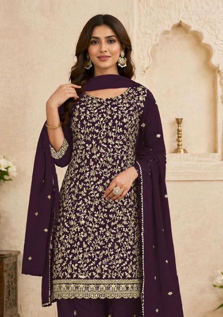 Purple Embroidered Georgette Kurta Set - Indya