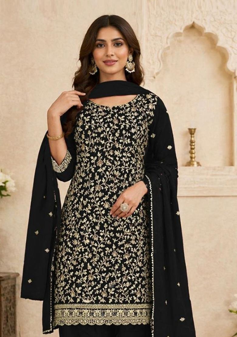 Black Embroidered Georgette Kurta Set - Indya