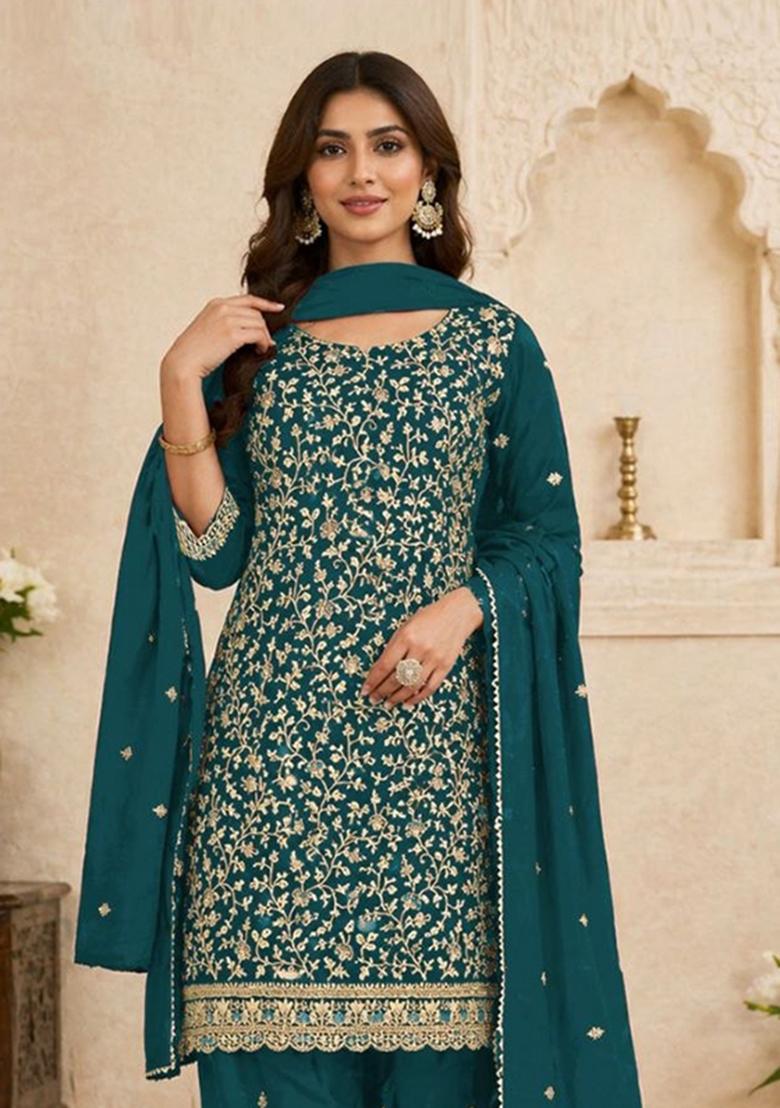 Blue Embroidered Georgette Kurta Set - Indya