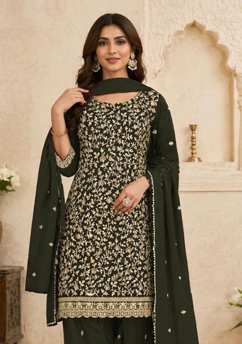 Green Embroidered Georgette Kurta Set - Indya