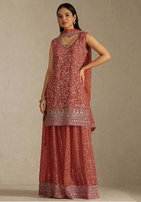 Orange Embroidered Georgette Kurta Set