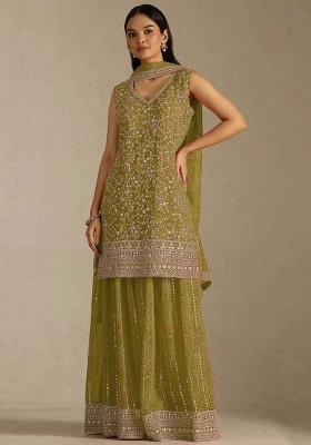 Olive Green Embroidered Georgette Kurta Set