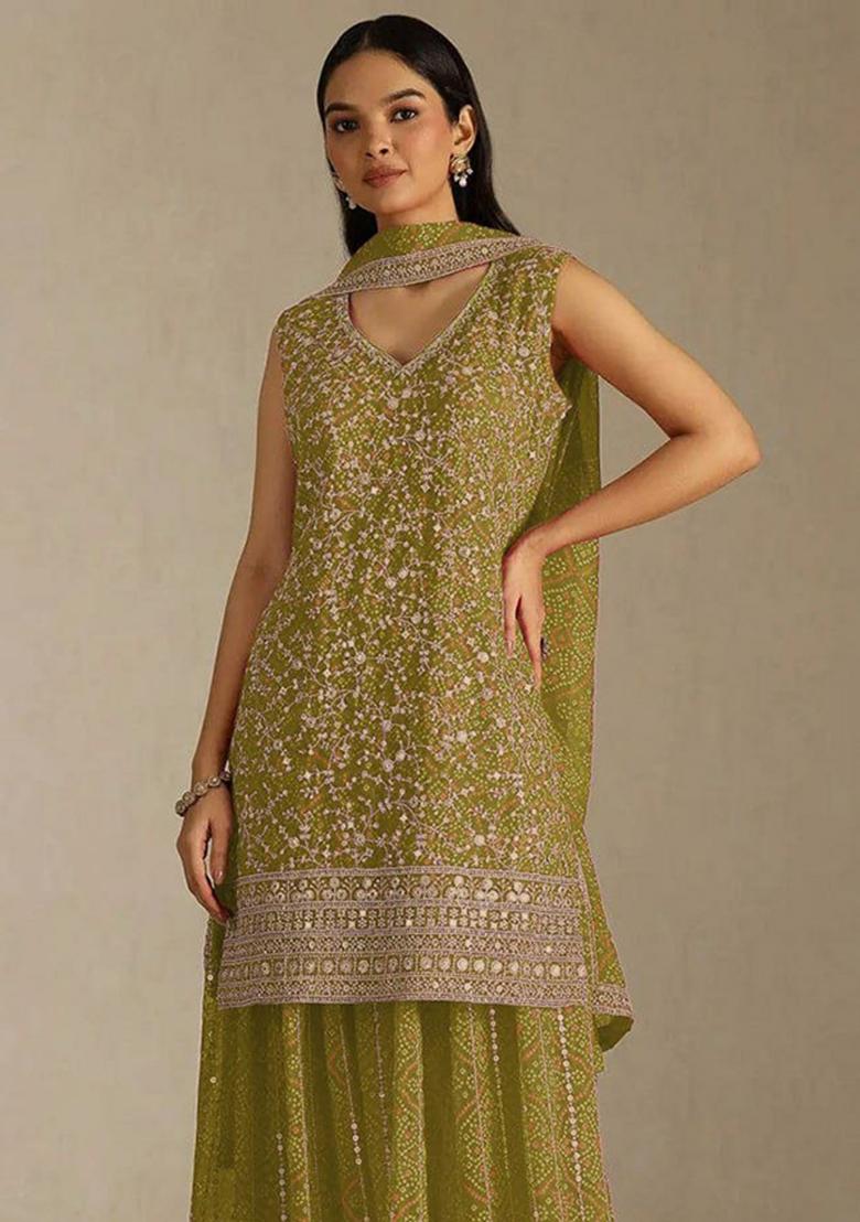 Olive Green Embroidered Georgette Kurta Set - Indya