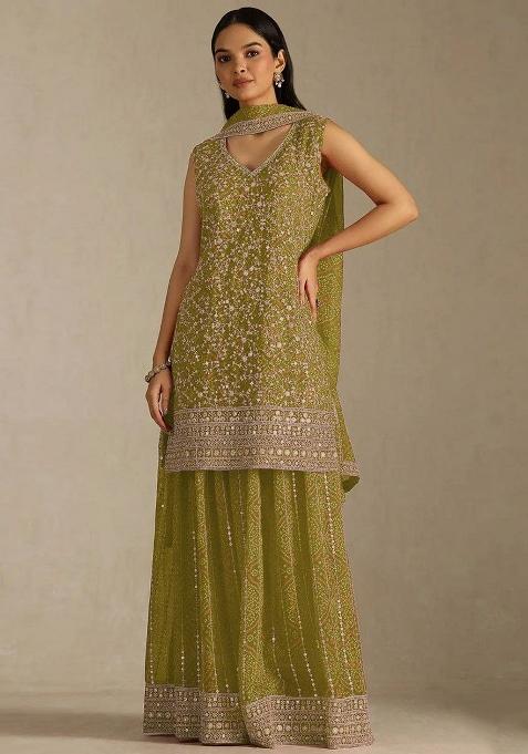 Olive Green Embroidered Georgette Kurta Set