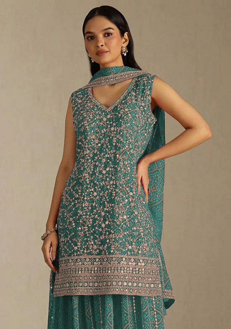 Blue Embroidered Georgette Kurta Set - Indya