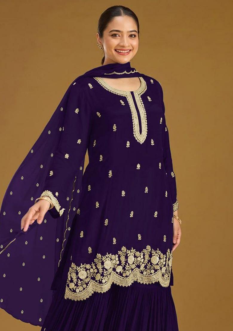 Purple Embroidered Georgette Kurta Set - Indya