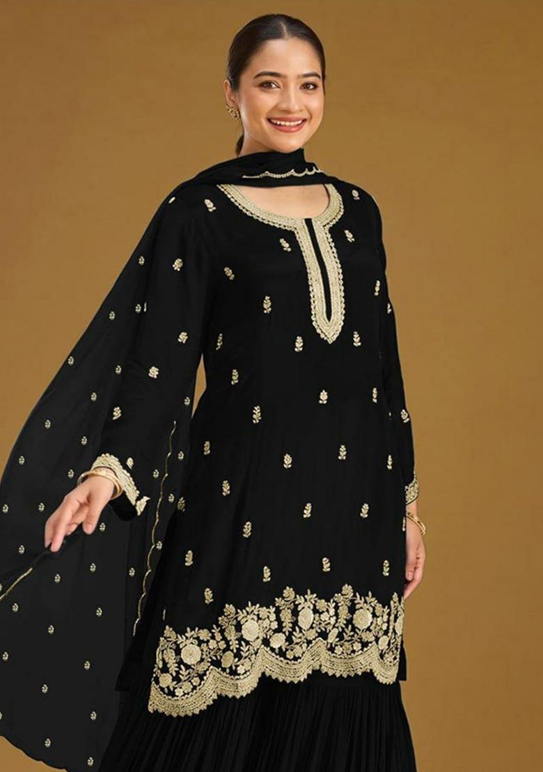 Black Embroidered Georgette Kurta Set - Indya