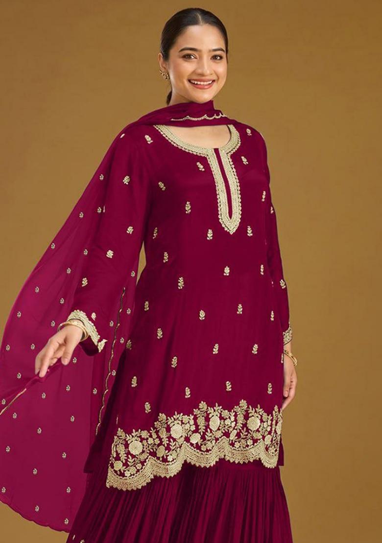 Pink Embroidered Georgette Kurta Set - Indya