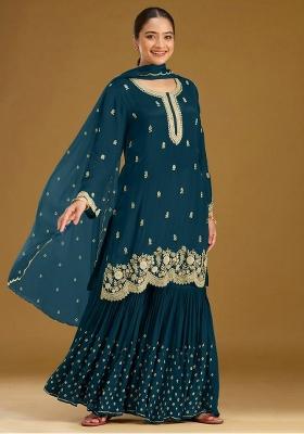 Blue Embroidered Georgette Kurta Set