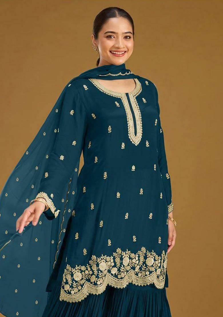 Blue Embroidered Georgette Kurta Set - Indya