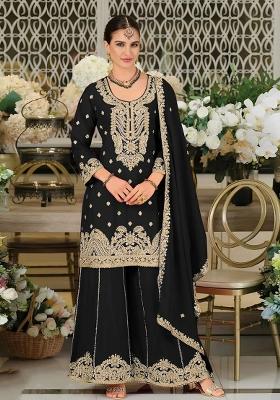 Black Embroidered Chinon Sharara Set